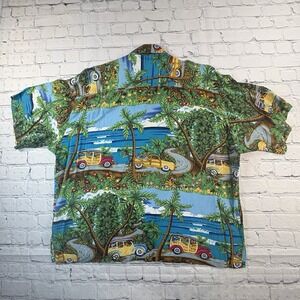 Vintage Kahala Ron Anderson Collection Shirt L Blue Green Hawaiian Dog Car Woody